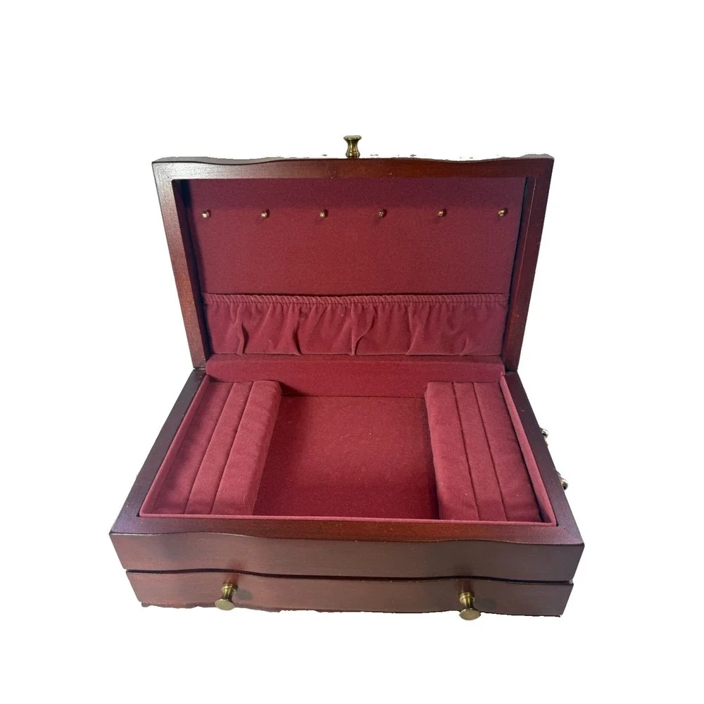 Reed & Barton Eureka Wood Jewelry Box Chest W/Drawer Burgundy Velvet Interior